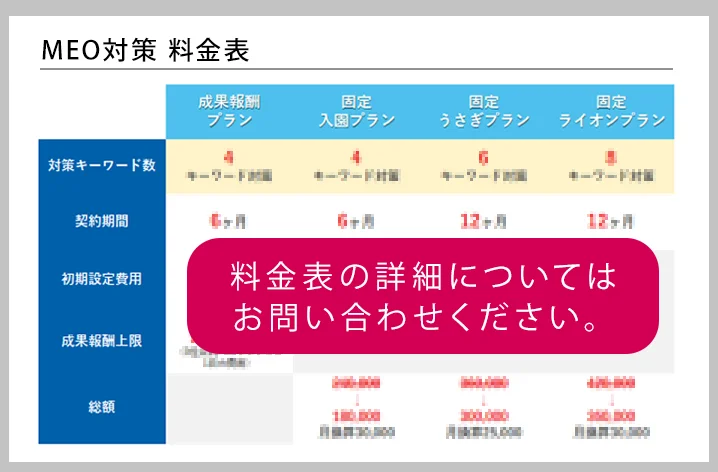 料金表についてはお問い合わせください。